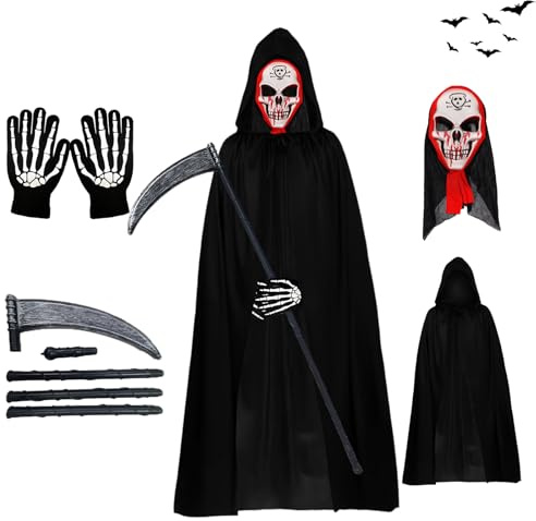 AOMAIGAD Disfraz de Parca Con Sombrero, Guantes, Hoz - Disfraz de Muerte para Halloween, Fiesta, Carnival, Costume, Cosplay