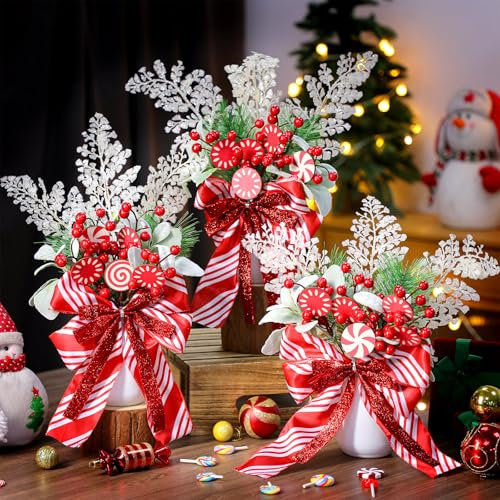 Nuogo 3 Pcs Christmas Mason Jars Decor Peppermint Candy Red Berry Christmas Centerpiece for Table Decoration Include Mason Jars and Faux Plants Candy Sticks for Holiday Mantle Home Dining Room Kitchen