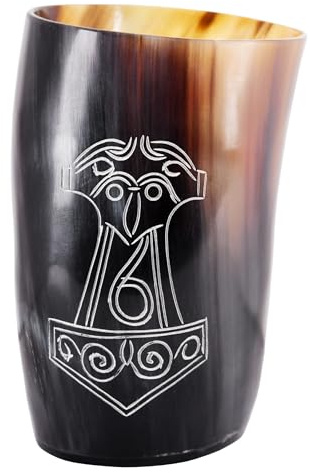Battle-Merchant Wikinger Trinkbecher, Horn, Mjölnir Motiv, ca. 250 ml | Hornkrug Graviert, Lebensmittelecht, Naturhorn, Poliert, Rinderhorn, Mittelalter, Met, Becher, Reenactment, LARP
