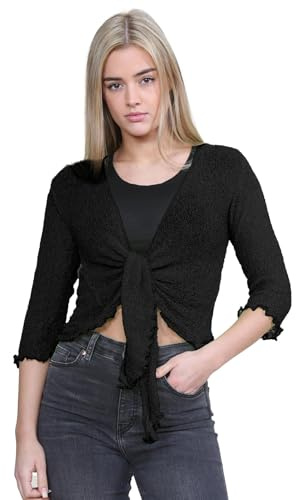 janisramone® Women s Shrugs, Double Fine Knit 3/4 Sleeve Tie Front Top, Bolero Cardigans for Women, Stretchy Cropped Cardigan, Lightweight Summer Shrug, Ladies Evening Tops Black