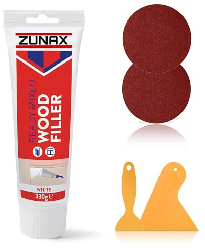 Multipurpose Ready Mixed Wood Filler White 330gm Tube with 2 Spreaders and 2 Sandpapers - 5pcs Wood Filler Set - Ideal for Interior and Exterior Hardwood and Furniture Repair(Packaging may vary)