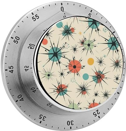 Mechanical Stainless Steel Timer Kitchen Timer Atomic Stars Retro Pattern Printed Stainless Steel Countdown Timer for Fitness Projects and Kitchen Tasks
