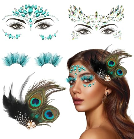 Pfau Kopfschmuck Haarspange,Pfau Haarschmuck,Bunte Pfauenfedern Wimpern,2 PCS Glitzersteine Gesicht,Karneval Kopfschmuck Damen,Pfau Kostüm für Carnival,Fancy Dress,Themenparty