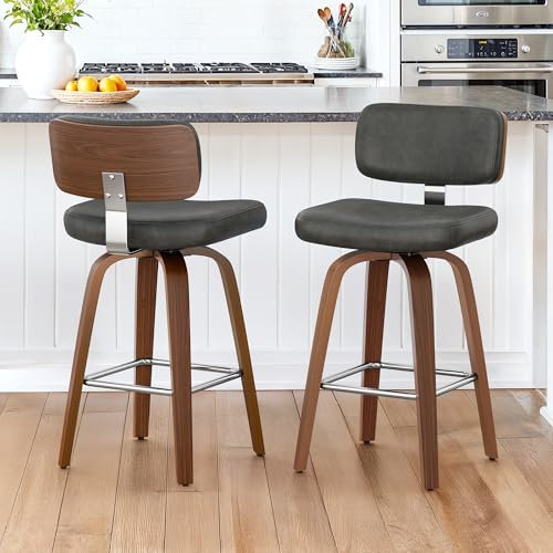 LUE BONA 360°Drehbarer Barhocker 2er Set mit Lehne,67cm Hoch Drehsessel–Barstuhl Holz mit 7cm Kunstleder Sitzfläche,Bar Hocker mit 4 Holzbeinen,Moderner Barstuhl für Küche,Theke,Dunkel-Grau