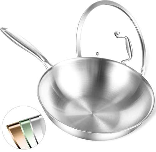 DELARLOCHEF Edelstahl Wokpfanne 32 cm Induktion, Durchgehend 3-lagig Wok | Unbeschichtete Pfanne mit Deckel, Gleichmäßige Wärmeverteilung, 20% Energiesparend, Ofenfest bis 400°C