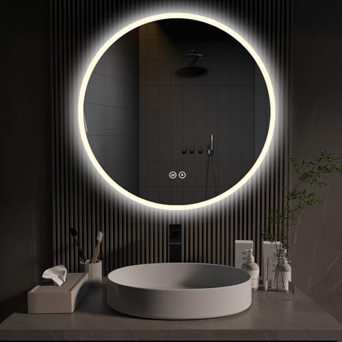 ApeJoy 60cm Badspiegel mit Beleuchtung Rund und mit Antibeschlag, Badezimmer Runder Spiegel mit Licht und mit Touch-Schalter, Memory Funktion, LED Licht Weschel 2700-6500K Warmweiß-Kaltweiß-Neutral