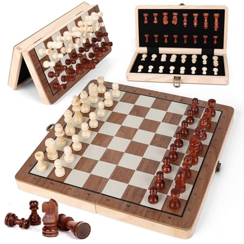 Joneytech Wooden Chess Set,11.5 inch Magnetic Chess Board Folding Design with Storage Travel Chess Game for Kids, Adults and Family Game Night