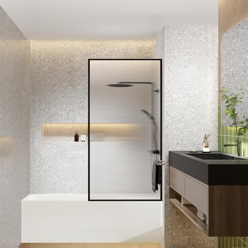 Dimaris Bathtub Shower Door 30 X 55 Tempered Fluted Glass Framed Shower Screen Shower Glass Panel for Walk-in Bathtub Shower, Nano Coating, Matte Black Finish