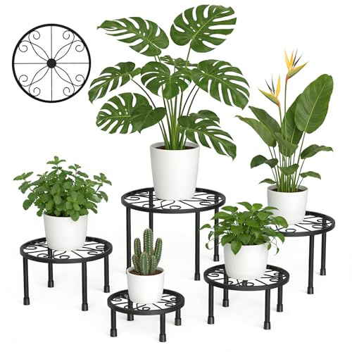Livilite 5 Pack Black Metal Plant Stands,Waterproof Heavy-Duty Round Flower Pot Holders,4-Legged Detachable Iron Plant Pot Shelves,Easy to Assemble & Store for Indoor Outdoor Garden Patio
