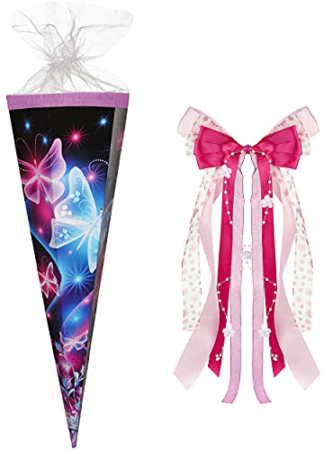alles-meine.de GmbH 3-D Glitzer Effekt ! Schultüte - Schmetterlinge - lila & violett - 85 cm - eckig - incl. große Schleife - Tüll Abschluß - Zuckertüte - mit/ohne Kunsts..