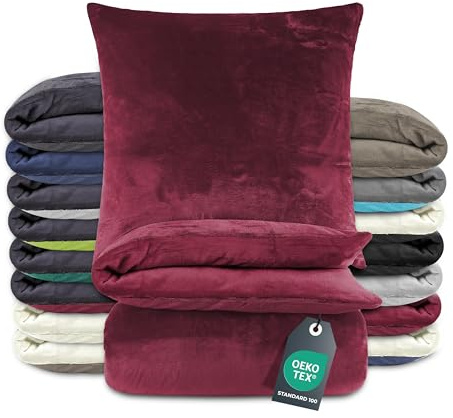 BaSaTex Winter Plüsch Bettwäsche Set, 135x200 cm, Bordeaux | Warm und Kuschelig, Öko_Tex Zertifiziert, Reißverschluss, Flauschig Anschmiegsam, Feuchtigkeitsregulierend