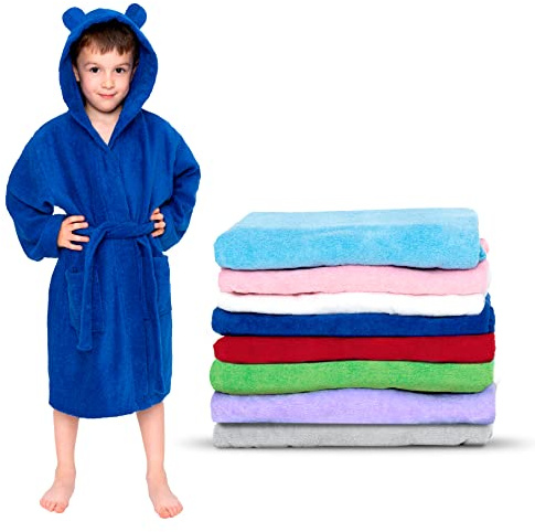 Twinzen - Kinderbademantel Mädchen oder Junge - 100% Baumwolle Ohne Chemikalien OEKO-TEX® - 2 Taschen, Gürtel, Kapuze mit Ohren