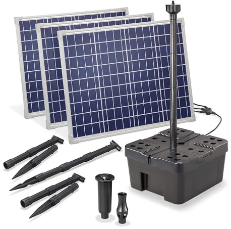 Esotec Solar Teichfilter mit Wasserspiel 150/5000, Solar Teichfilterset mit 5000 l/h Teichpumpe, Unterwasserfilter für Gartenteiche bis 8000 l, 150Wp Solarmodul 100912