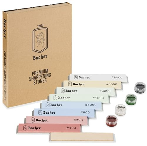 Bacher set 8 pietre da affilatura ad asta 120-8000, coramella e 4 paste | Grana verificata da terzi | Cera d'api e lanolina nutrienti | 4 applicatori in pelle | Formato 150x25 mm | Cofanetto regalo
