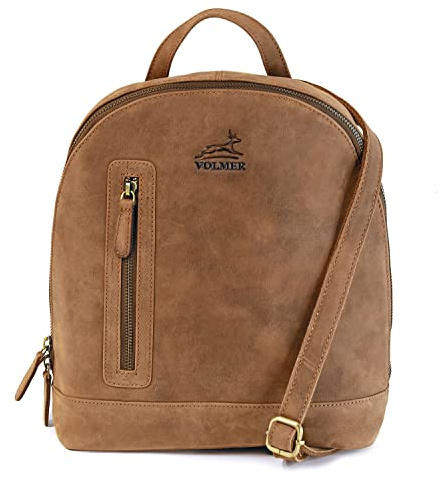 Fa.Volmer ® Rucksack Damen Elegant I Leder Daypack I kleiner Tagesruckack I 11,6 Tablet Fach I 100% echtes Büffelleder im Vintage-Look I braun I Modell Miami