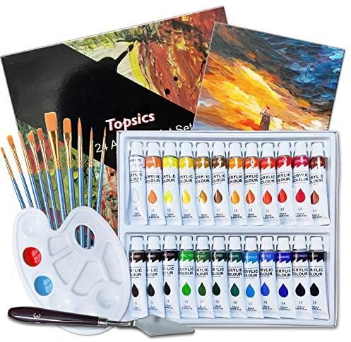 Topsics 37 Pezzi Colori Acrilici, 12 ML x 24 Tubes Set Pittura Acrilica per Pietra/Tessuto/Vetro/Legno/Tela, Kit di Pittura Acrilici Atossici
