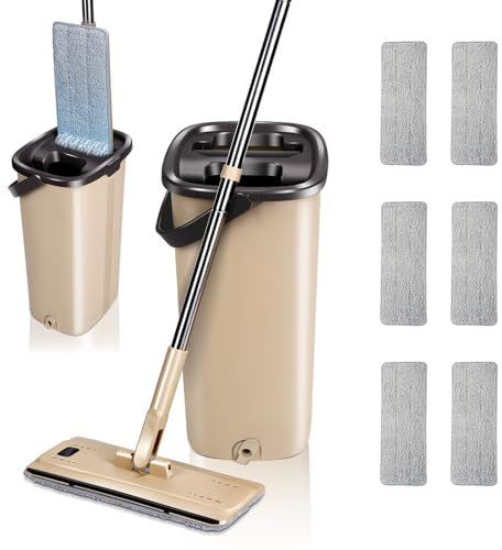 Masthome Mocio Lavapavimenti e Secchio Strizzatore, Mocio Piatto Rotante a 360°e Secchio Lavapavimenti Doppia Vasca, Mocio Pavimenti con 6 Panni Microfibra, Mocio Professionale per Pavimenti, Beige
