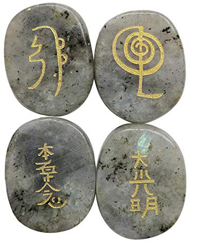 Mondstein 4er Set Reiki Steine graviert – Cho Ku Rei Sei Hei Ki – Edelstein Heilstein Meditation 25mm
