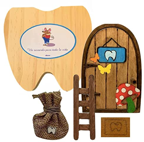 ABUBU Puerta Ratoncito Pérez mágica con Caja para Dientes de leche en Español, Carta, Escalera, Bolsita, Regalo original niño niña Ratón Pérez. Hecho a mano en España. Recuerdo Infancia