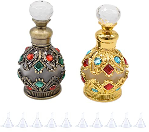 Hoshisea 2 Stück Flasche mit atherischen, Vintage Parfumflasche, Glas Parfumflaschen, Leer Parfümflakon, Kann 15ml halten, Mit 10 Trichtern(Goldene und Cyan Patina)