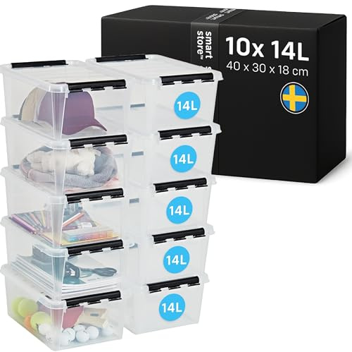 SmartStore 14 L genomskinliga förvaringslådor i plast med lock,10-pack, förstärkt, 10 års garanti, livsmedelssäker, clips, stapelbara och modulära, BPA-fri L40 x B 30 x H 18 cm
