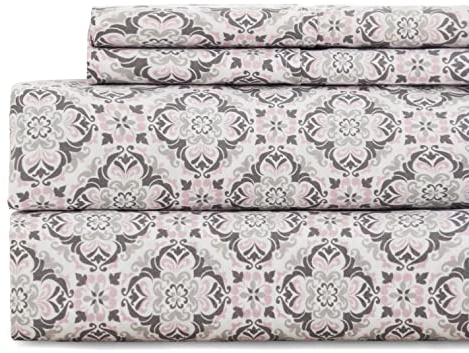 KaceMoo Set di lenzuola per letto king size, 4 pezzi, con stampa floreale, beige, stile bohémien, con tasca profonda, in microfibra, lussuose, morbide, traspiranti, ipoallergeniche, non creano pieghe,