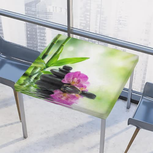 Nappe carrée japonaise zen orchidée en bambou avec bord élastique en polyester imperméable pour intérieur ou extérieur, décoration de fête, terrasse, 86,4 x 86,4 cm