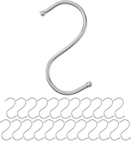 S-Haken zum Einhängen, 24 Stück, in Silber, Metallhaken für bis Ø 25 mm Stangen, Länge 68 mm, S Haken für Küche, Kleiderstange, Garage, Topf, Pfanne, Tasse, Hängehaken, Küchenhaken, Doppelhaken Set