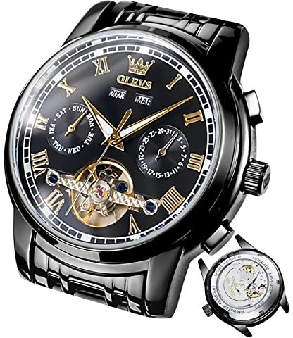 OLEVS Herrenuhren Automatik Mechanische Schwarz Armbanduhr mit Tourbillon Kalender Wasserdicht Leuchtende Zweifarbige Uhren Männer