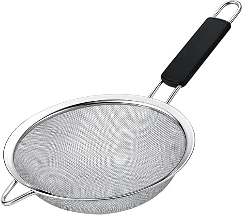 Fine Mesh Strainer with thermo plastic rubber handle - Sieve Fine Mesh Stainless Steel - Ideal to Sift Flour, Icing Sugar, Fruits and Vegetables (6.3 Inches)