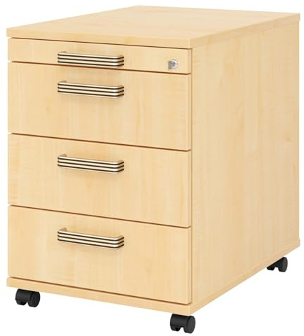 bümö Rollcontainer mit Schubladen, Container abschließbar aus Holz in Ahorn - Rollwagen für's Büro als Schreibtisch Unterschrank, Bürocontainer od. Schreibtischcontainer mit Streifengriffe