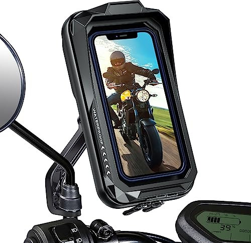 BTNEEU Motorcycle Phone Mount Waterproof 360° Rotatable Motorbike Phone Holder with Touch Screen Sun Visor Anti-Shake Motorcycle Mirror Phone Holder Moped Phone Mount for Phone up to 7.0''