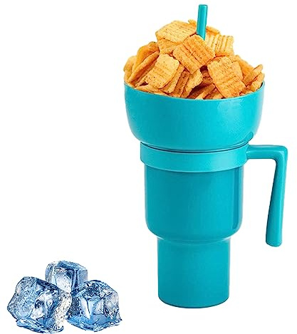 EBbels Snack Tumbler Bowl, 2 In 1 Snack and Drink Cup with Straw, Reusable Stadium Tumbler for Popcorns and Drinks, Leakproof Snack Tumbler for Adults Kids (Dark blue)