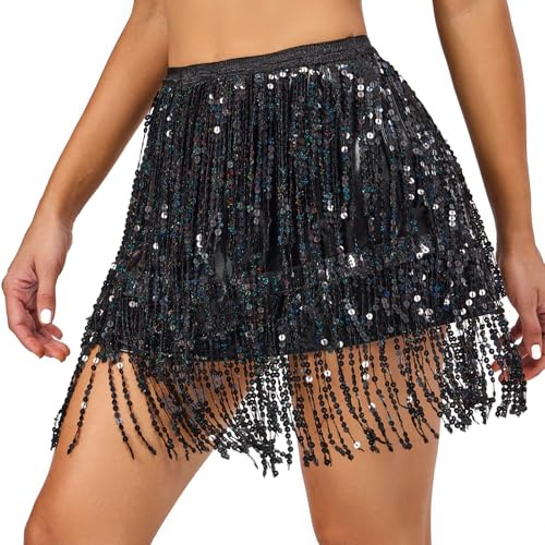 PLIKSUVER Gonna da donna con paillettes e nappe glitterate, per danza del ventre, per Carnevale, con frange, Nero , L