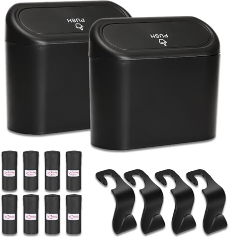 DYOUen Lot de 2 petites poubelles de voiture avec sacs poubelle et 2 crochets pour appuie-tête de voiture, boîte de rangement étanche à suspendre pour le rangement et l'organisation