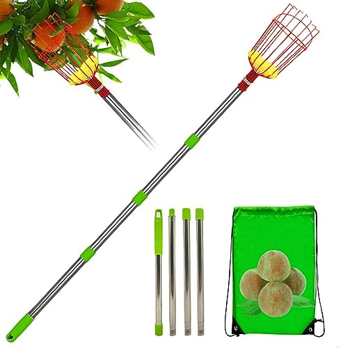 Ditanpu Cueille Fruit avec Manche Telescopique, Ramasse Fruit INOX, Cueille Fruits, Pince avec Panier en Acier Inoxydable pour Fruits Pomme Orange, Légèrement Stable Et Peu Encombrante
