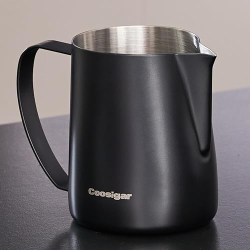 Coosigar Milk Frothing Pitcher 450ml/15oz,304 Stainless steel Espresso Steaming Pitcher,milk frother cup,Milk Jug Cup,Latte Art(black)