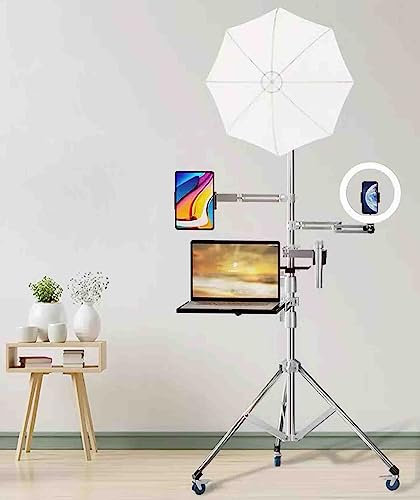 PRUJOY Soporte Multifuncional para Equipos de Cine y televisión Temporizador automático Transmisión en Vivo Disparo Soporte para Piso Trípode con luz LED Bandeja de Brazo de expansión