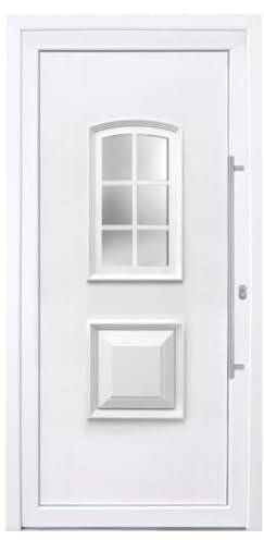 Haustür Komplettset aus PVC mit Stahlverstärkung, Wärmeschutzglas, 5-fach Verriegelung & 900 mm Edelstahl-Griffstange I Farbe: Weiß I DIN rechts I Modell: Basilika I 2100 x 1000 cm
