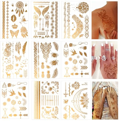 125+ Festival Tattoos Gold, Glitzer Tattoos Erwachsene Damen für Karneval | Festival & Boho Temporär Tattoos zum Aufkleben, Metallic Gesicht & Body Tattoos, Wasserfeste Festival Zubehör für Party