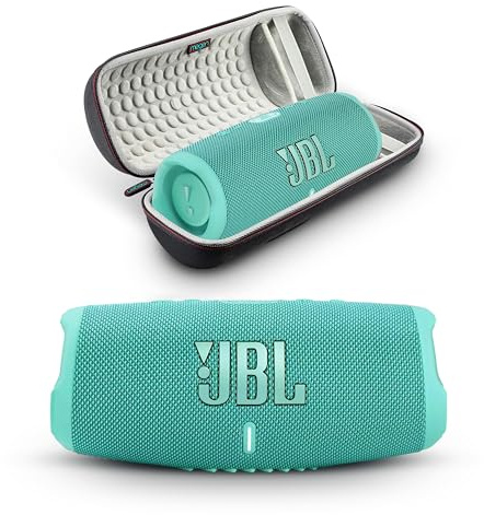 JBL Charge 5 - Haut-Parleur Bluetooth Portable avec étui de Voyage Megen à Coque Rigide étanche IP67 et Sortie de Charge USB (Bleu Sarcelle)