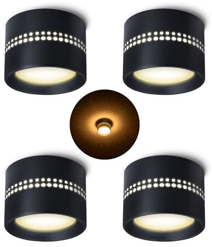 SSC-LUXon 4er Set ALAPI Deckenleuchte Spot schwarz mit indirektem Licht - kleine Aufputz Lampe flach inkl. GX53 Lampen warmweiß