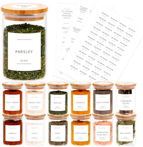 Fix Space 12pcs Bamboo Glass Spice Jars Set - 250ml Airtight Glass Jars With Bamboo Lids - Spice Jars With Lids And Labels Waterproof Labels For Herbs, Spices & Seasoning (250ml/12Pcs)