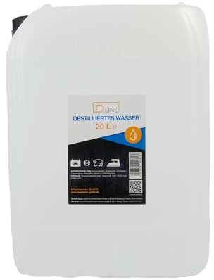D.LINE Destilliertes Wasser 20 Liter | Entmineralisiert, Nach VDE 0510, Nach DIN 43530