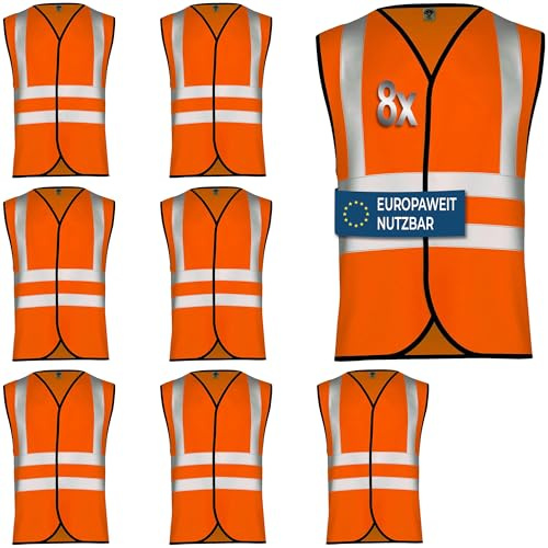 OMKA Warnweste Set – Sicherheitswesten Neonfarben mit 360° Reflexstreifen – Auto Pannenweste für Kinder & Erwachsene mit Klettverschluss (8, Neon Orange, M)