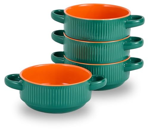 Hoilse Ceramic Soup Bowls with Handles, 20oz French Onion Soup Bowls Set of 4, Soup Crocks for Soups,Beef Stew,Microwave and Oven safe - 5.4inch(Green)
