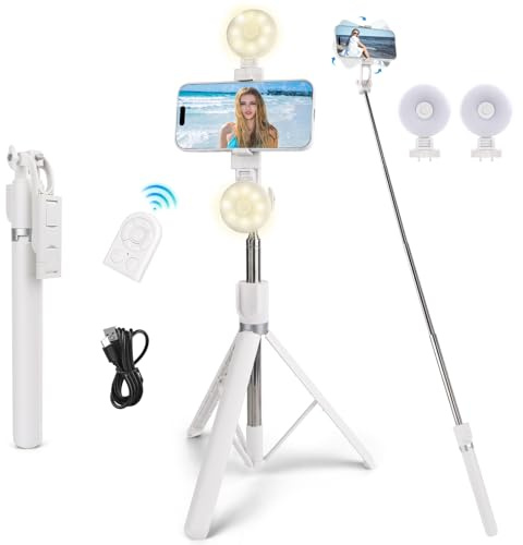 Selfie Treppiede smartphone 180 CM, Estensibile Treppiede portatile con telecomando,2 Luce di Riempimento, treppiede Compatibile con iPhone Samsung Smartphones selfie Stick