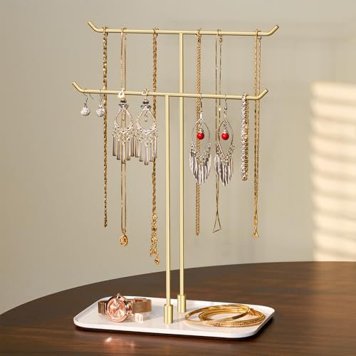 Josmimic Schmuckständer, Schmuckhalter, Schmucktablett, Schmuckaufbewahrung für Halsketten Armbänder Ohrringe Ohrstecker Ringe, Geschenkidee, gold