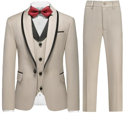 RINFAM Boys Tuxedo Suit Set Slim Fit Sizes 7 Blazer Vest Pants 3 Piece Formal Wedding Outfit for Kids Beige
