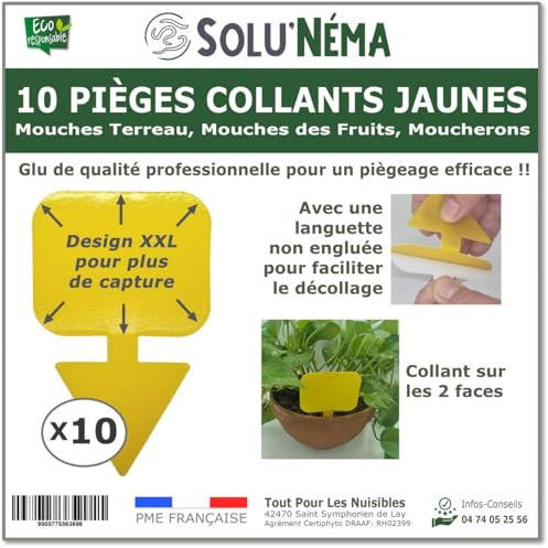 10 Pièges Collants Jaunes pour Mouches du Terreau, Mouches des Fruits, Moucherons, Design XXL - SoluNéma